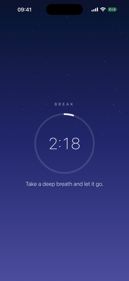A break on an iPhone: a night sky, a countdown ring and the time left.