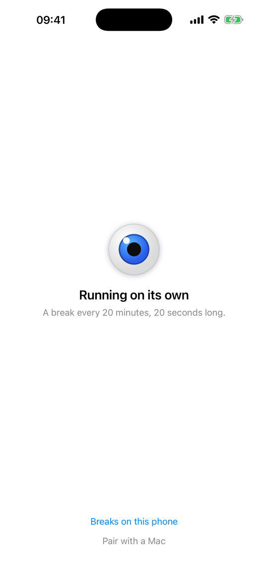 Rested on an iPhone with no Mac: a break every 20 minutes, 20 seconds long.